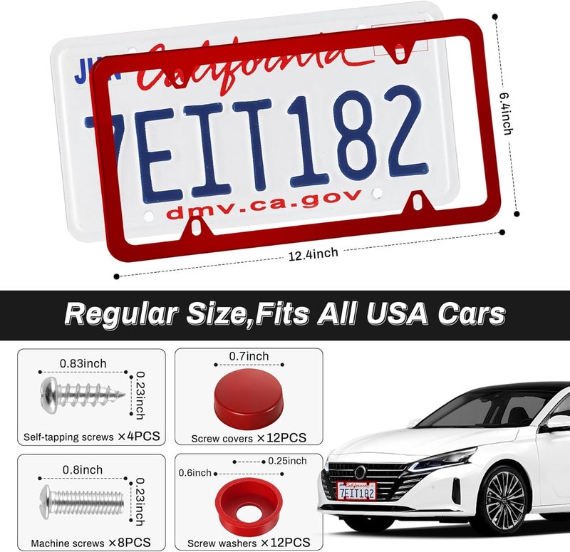 alpmosn 2PCS Stainless Steel License Plate Frames, 4 Holes Car Licence Plate Covers with Screws Washers and Caps, Car Exterior Accessories, License Plate Holder for US Vehicles (Red) - Image 2